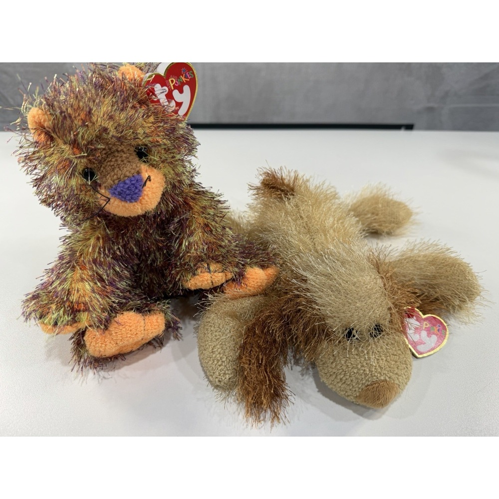 ty Punkies Beanie Babies Lot of Two Mambo Cat 2003 and Shreds Dog 2002 NWT Y2K